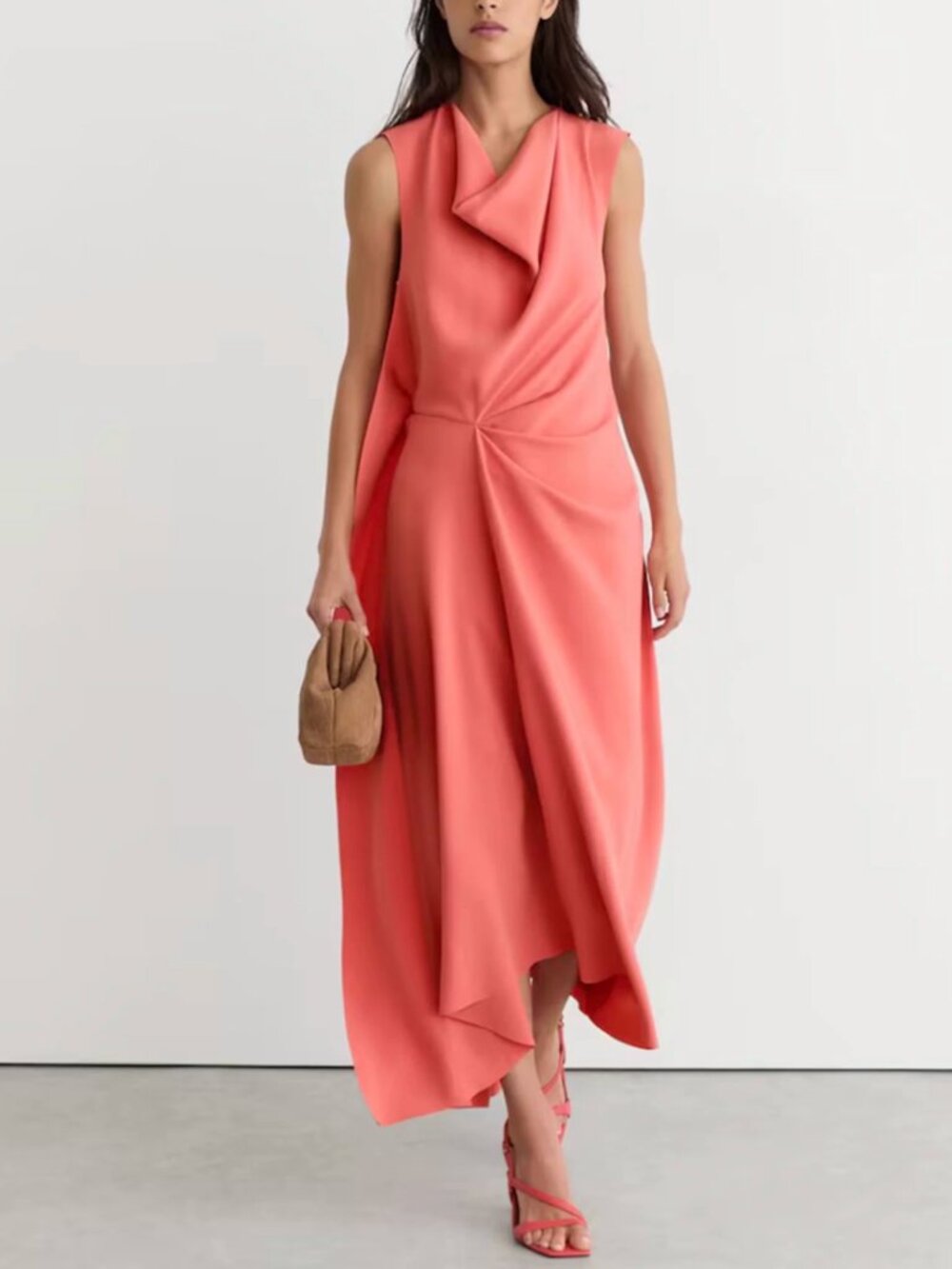 Reiss Dorota Midi Dress UK8/US4 UK8p/US4p Coral Pink Drape Sleeveless Quiet Lux